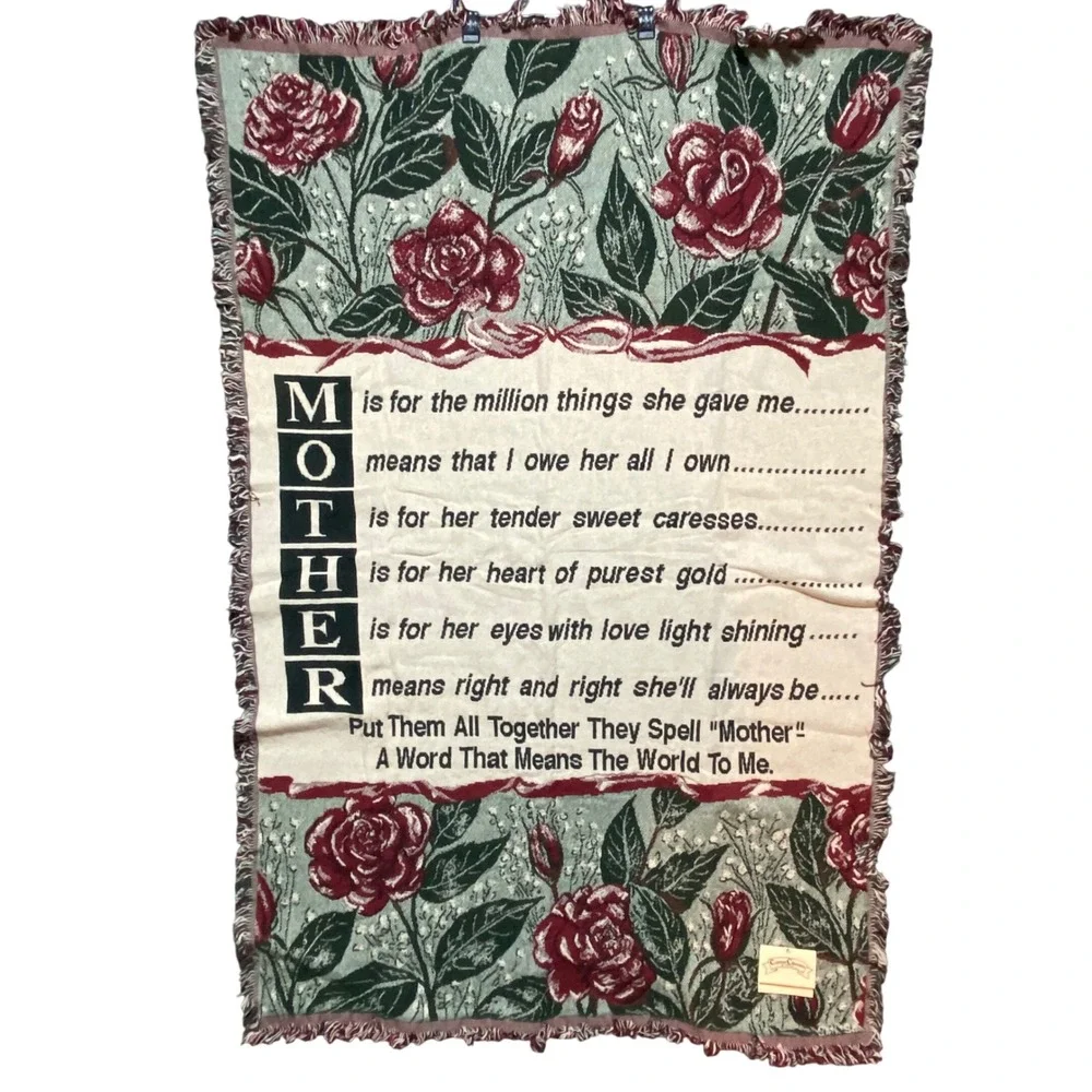 Vintage Chatham Cotton Classics Mother Poem Woven Tapestry Throw Blanket Rose